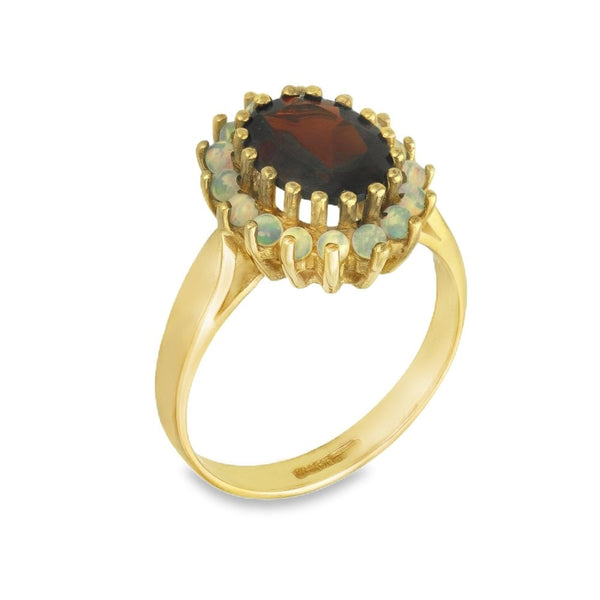 9ct Yellow Gold Oval-Cut Garnet & Opal Cluster Ring - Size L½
