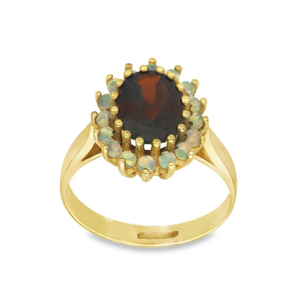 9ct Yellow Gold Oval-Cut Garnet & Opal Cluster Ring - Size L½