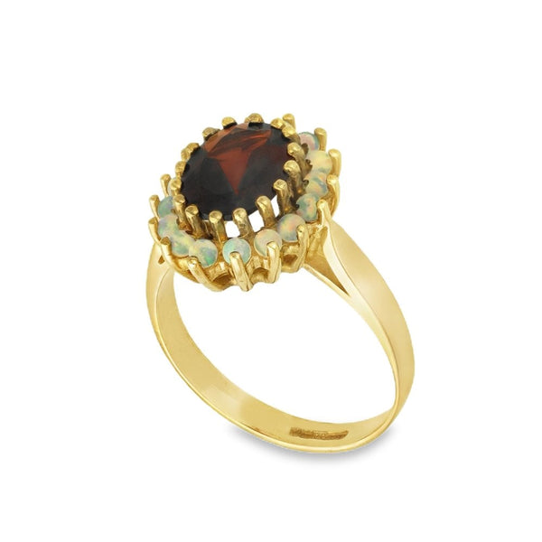 9ct Yellow Gold Oval-Cut Garnet & Opal Cluster Ring - Size L½