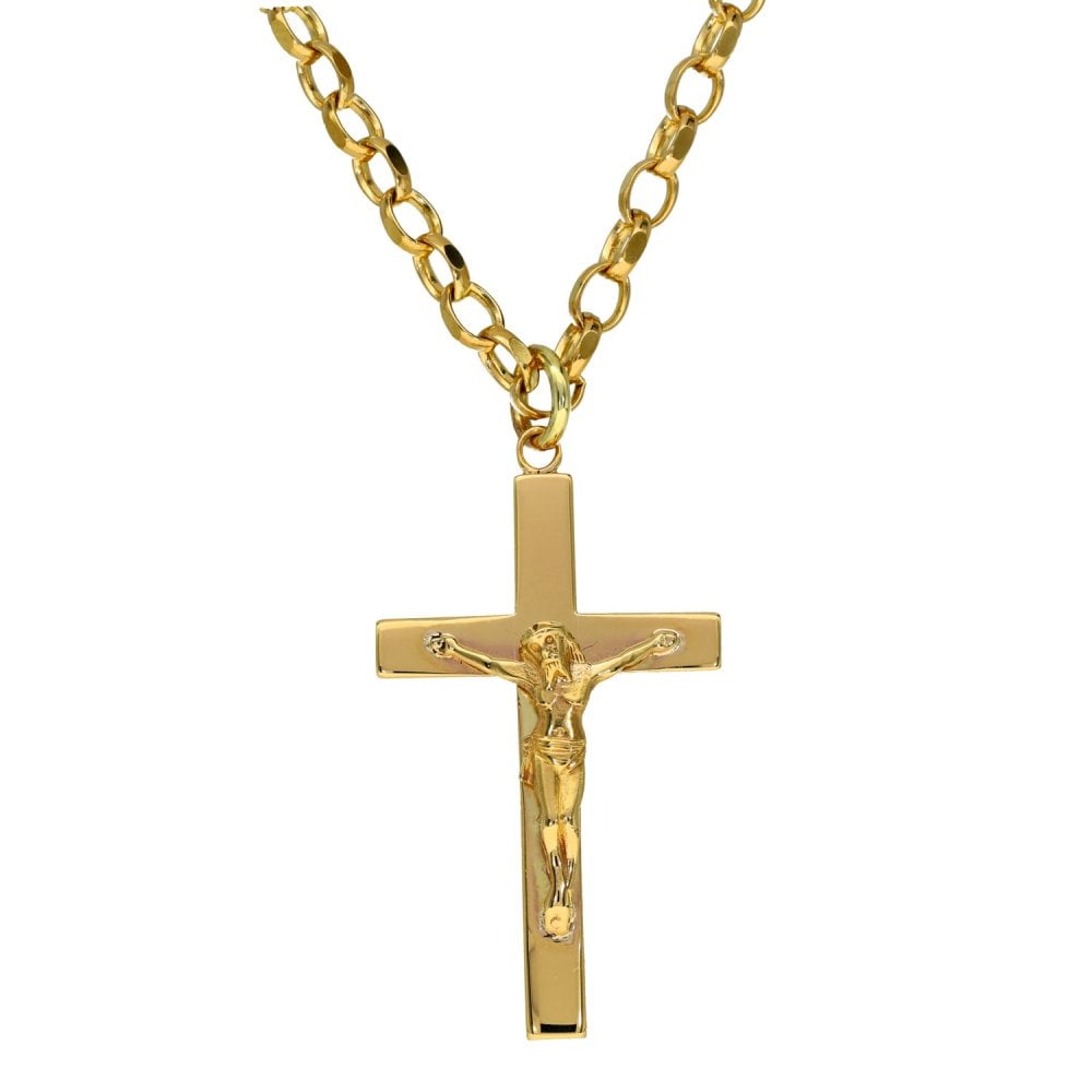 9ct Yellow Gold Crucifix Pendant & Belcher Chain - 22" - 27.9g