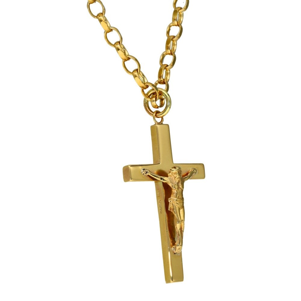 9ct Yellow Gold Crucifix Pendant & Belcher Chain - 22" - 27.9g