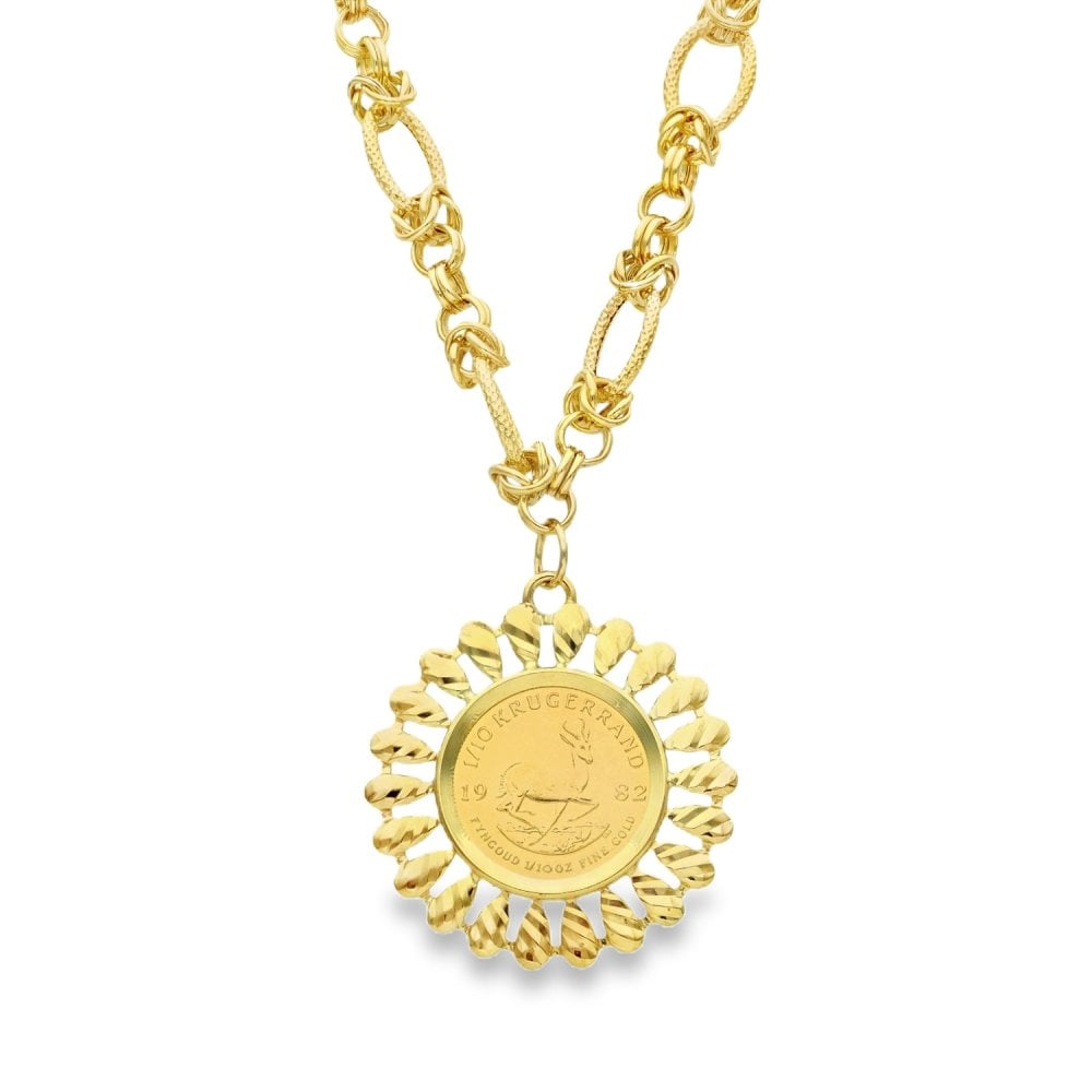 1982 Yellow Gold 1/10 Krugerrand Mounted Coin & Chain - 13.30g
