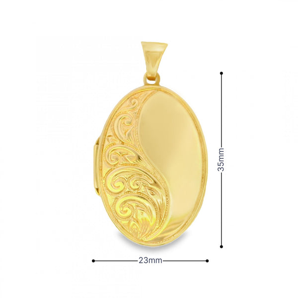 9ct Yellow Gold Oval Feather-Engraved Locket - 23x35x6.5mm -5.0g