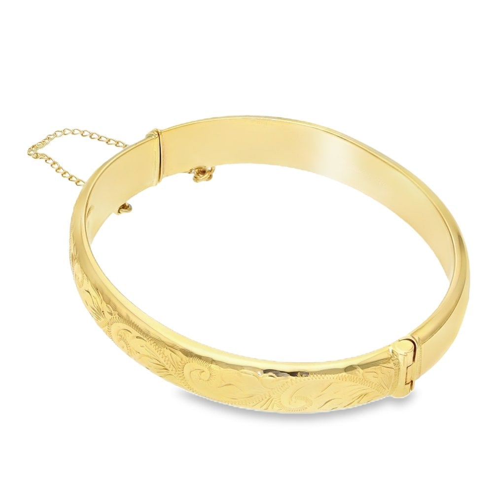 9ct Yellow Gold Half Engraved Bangle - 17.5cm - 12.80g