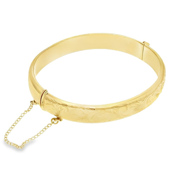 9ct Yellow Gold Half Engraved Bangle - 17.5cm - 12.80g