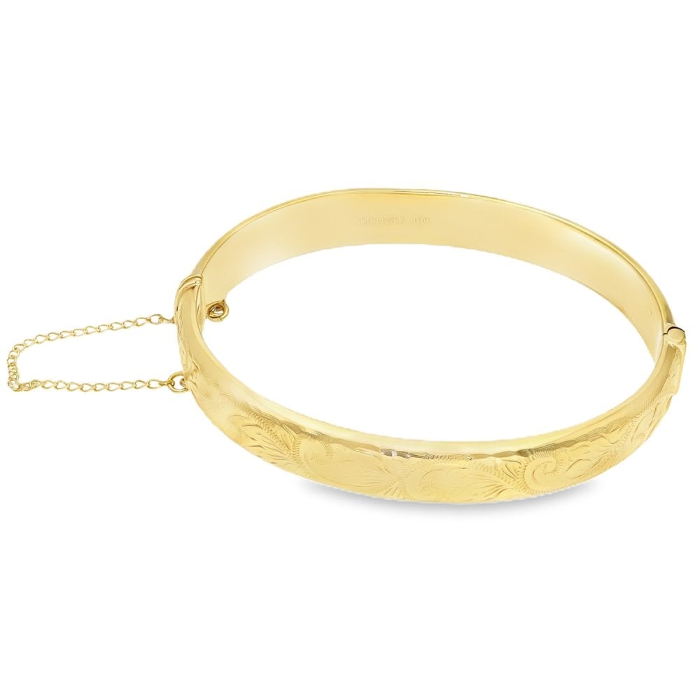 9ct Yellow Gold Half Engraved Bangle - 17.5cm - 12.80g