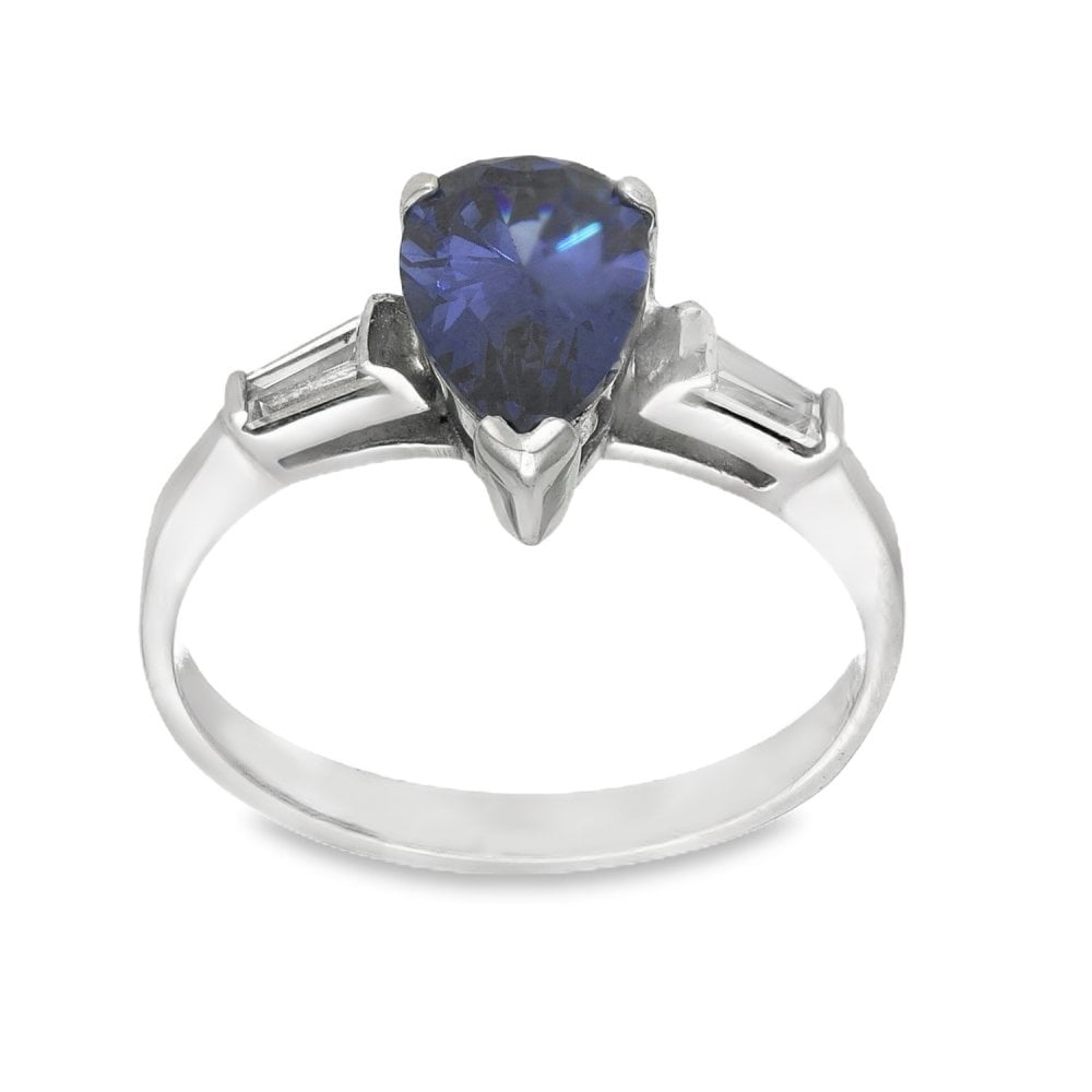 9ct White Gold Pear Blue & Clear CZ Trilogy Ring - Size M - 2.7g