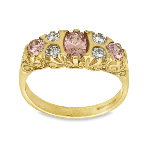 9ct Yellow Gold Pink & White Cubic Zirconia Dress Ring - Size N