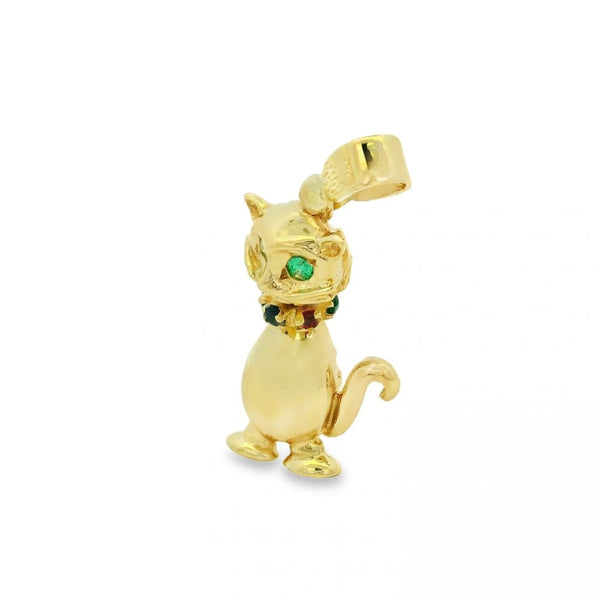 9ct Yellow Gold Coloured Stone Cat Charm - 14x22x8mm - 4.0g