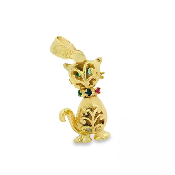 9ct Yellow Gold Coloured Stone Cat Charm - 14x22x8mm - 4.0g