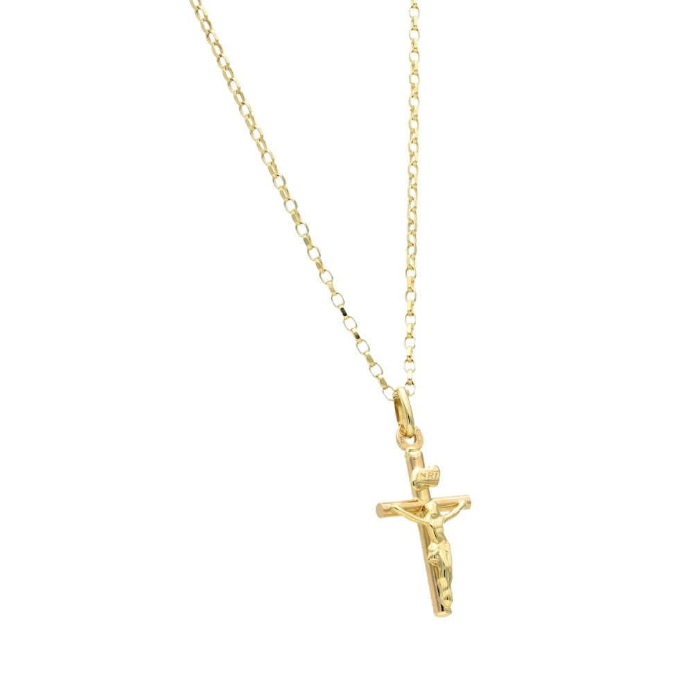 9ct Yellow Gold Crucifix Pendant & Belcher Chain - 18" - 3.2g