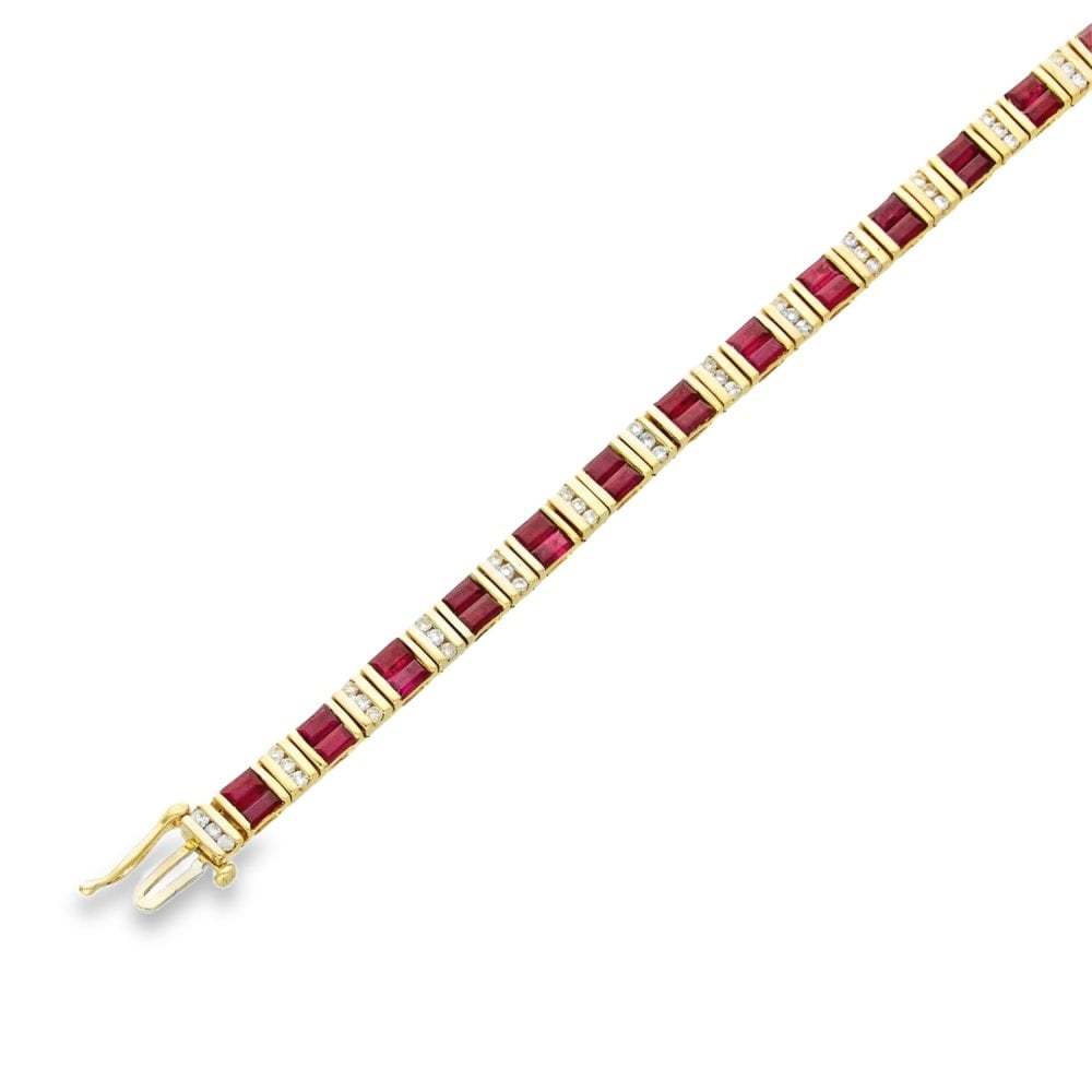 14ct Yellow Gold Ruby & Diamond Bracelet - 7" - 15.0g