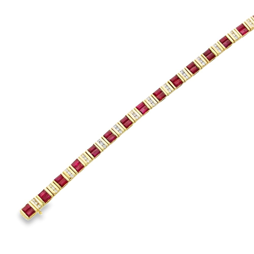 14ct Yellow Gold Ruby & Diamond Bracelet - 7" - 15.0g