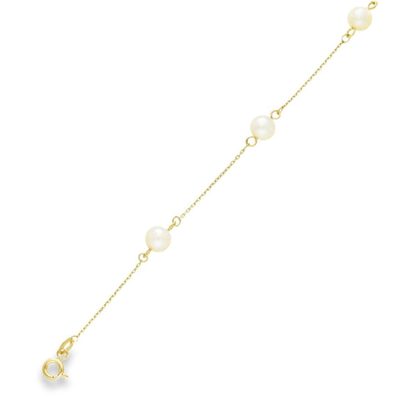 9ct Yellow Gold Pearl & Trace-Link Bracelet - 7.5" - 1.7g
