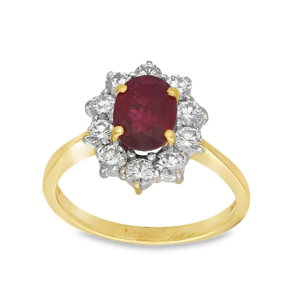 18ct Yellow Gold Ruby & Diamond Cluster Ring - Size P - 1.00ct