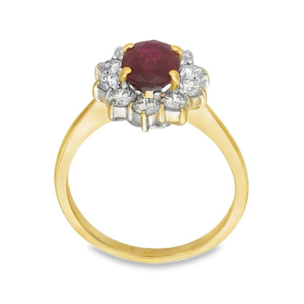 18ct Yellow Gold Ruby & Diamond Cluster Ring - Size P - 1.00ct
