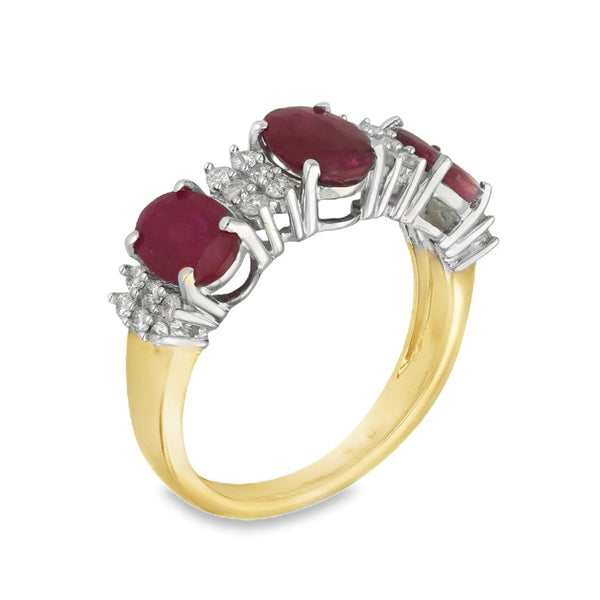 9ct Yellow Gold Ruby & Diamond Row Ring - Size N½ - 0.30ct