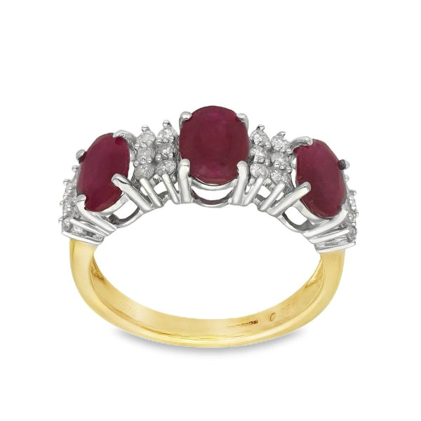 9ct Yellow Gold Ruby & Diamond Row Ring - Size N½ - 0.30ct