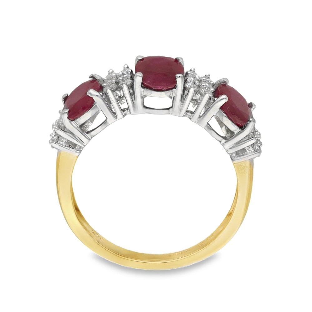 9ct Yellow Gold Ruby & Diamond Row Ring - Size N½ - 0.30ct