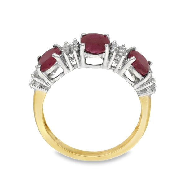 9ct Yellow Gold Ruby & Diamond Row Ring - Size N½ - 0.30ct