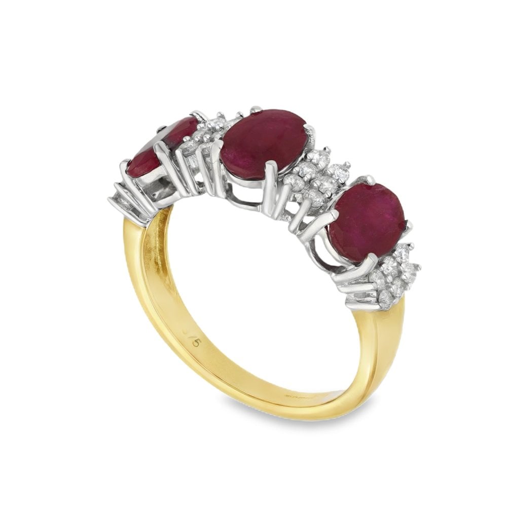 9ct Yellow Gold Ruby & Diamond Row Ring - Size N½ - 0.30ct
