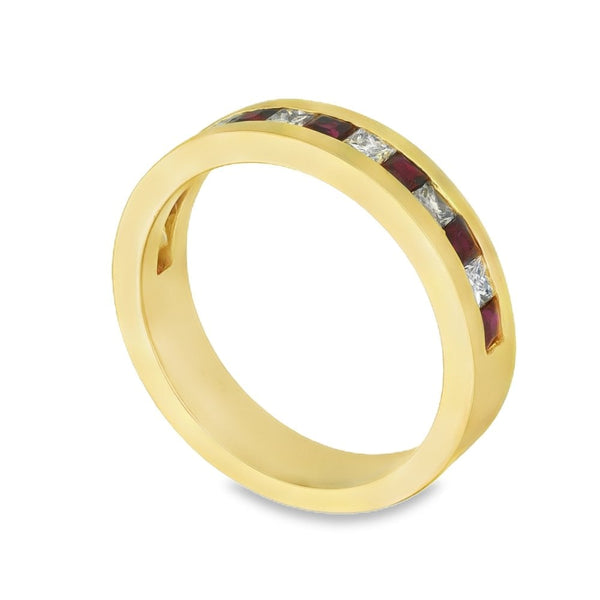 18ct Yellow Gold Princess-Cut Ruby & Diamond Half-Eternity Ring