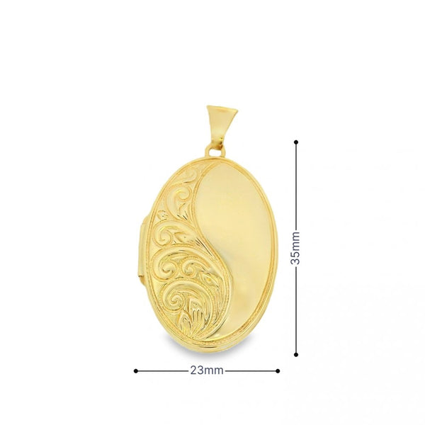 9ct Yellow Gold Feather Engraved Locket - 23x35x5.5mm - 4.5g