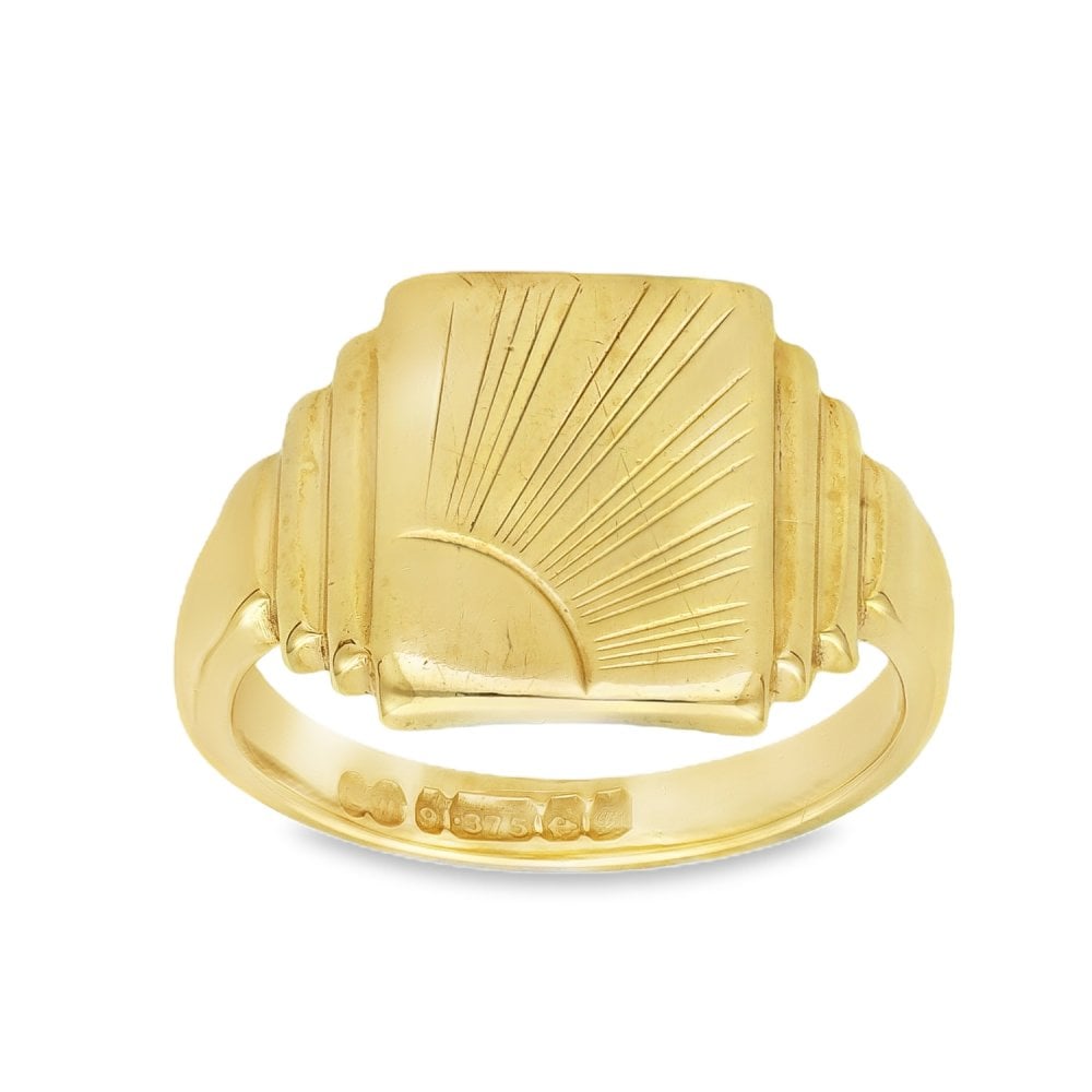 9ct Yellow Gold Sunray Engraved Signet Ring - Size K½ - 12mm