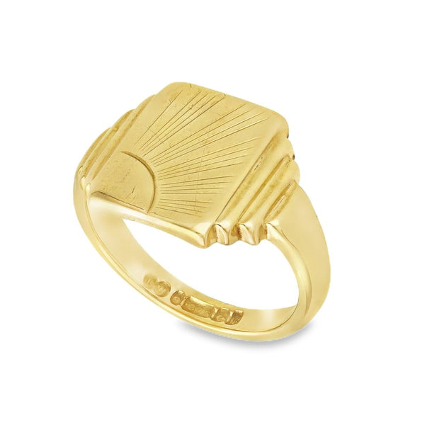 9ct Yellow Gold Sunray Engraved Signet Ring - Size K½ - 12mm