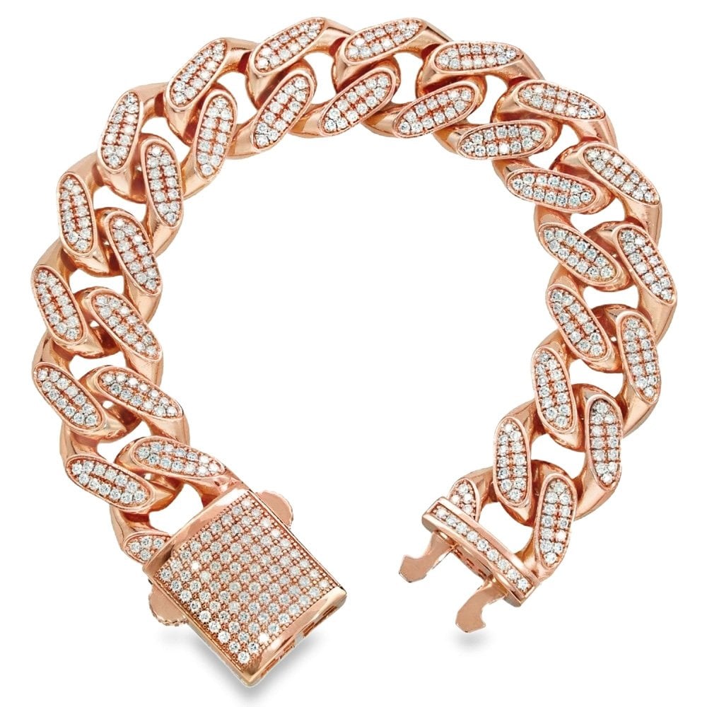 9ct Rose Gold Diamond Set Curb Bracelet - 8.5" - 6.87ct