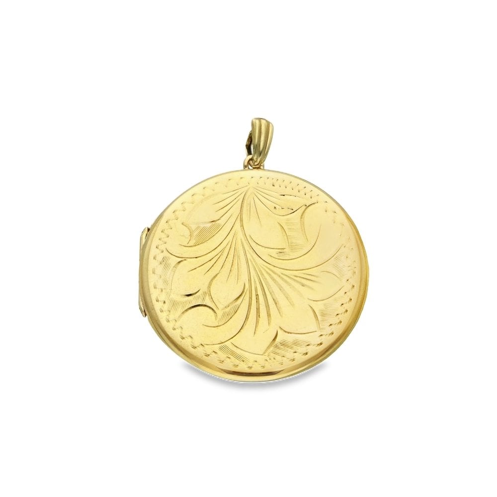 9ct Yellow Gold Round Leaf Engraved Locket - 30x30x5mm - 8.5g