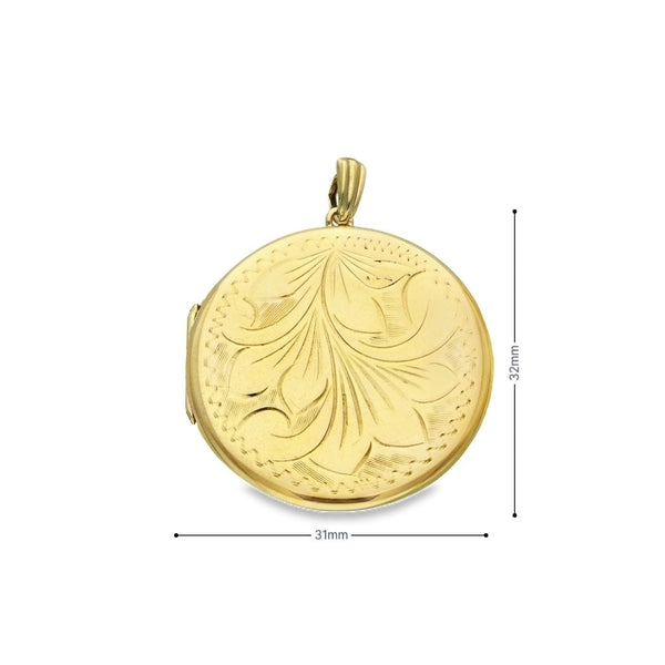 9ct Yellow Gold Round Leaf Engraved Locket - 30x30x5mm - 8.5g