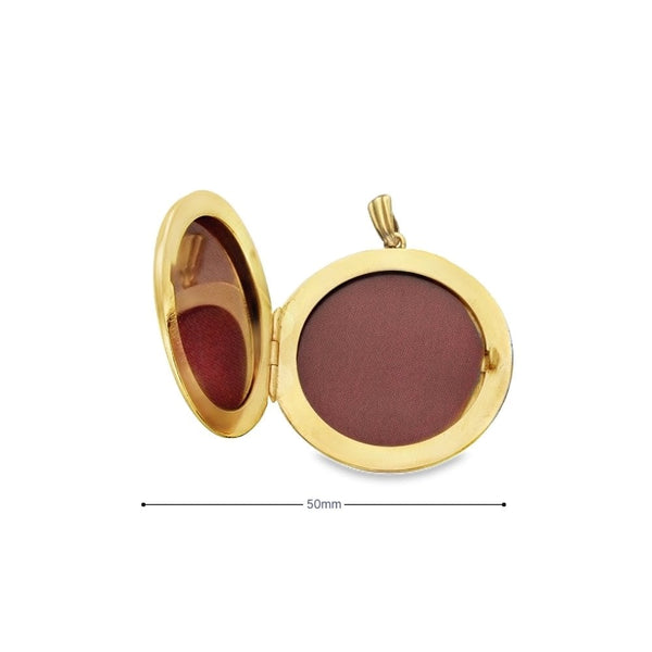 9ct Yellow Gold Round Leaf Engraved Locket - 30x30x5mm - 8.5g