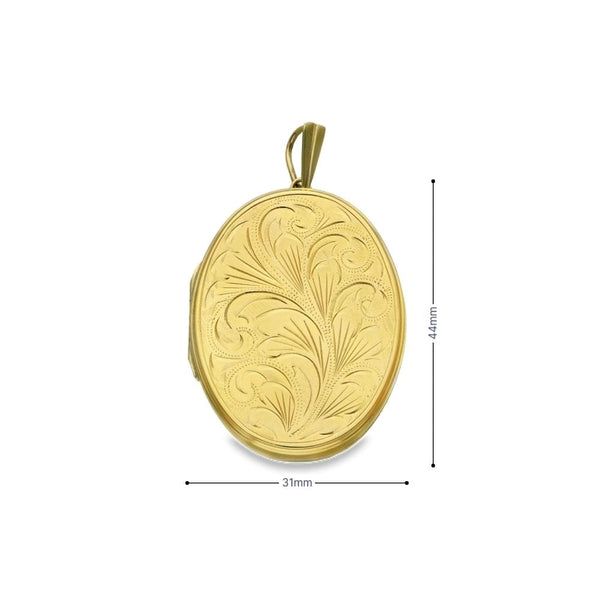 9ct Yellow Gold Oval Feather-Engraved Locket - 32x43x5mm - 15.1g