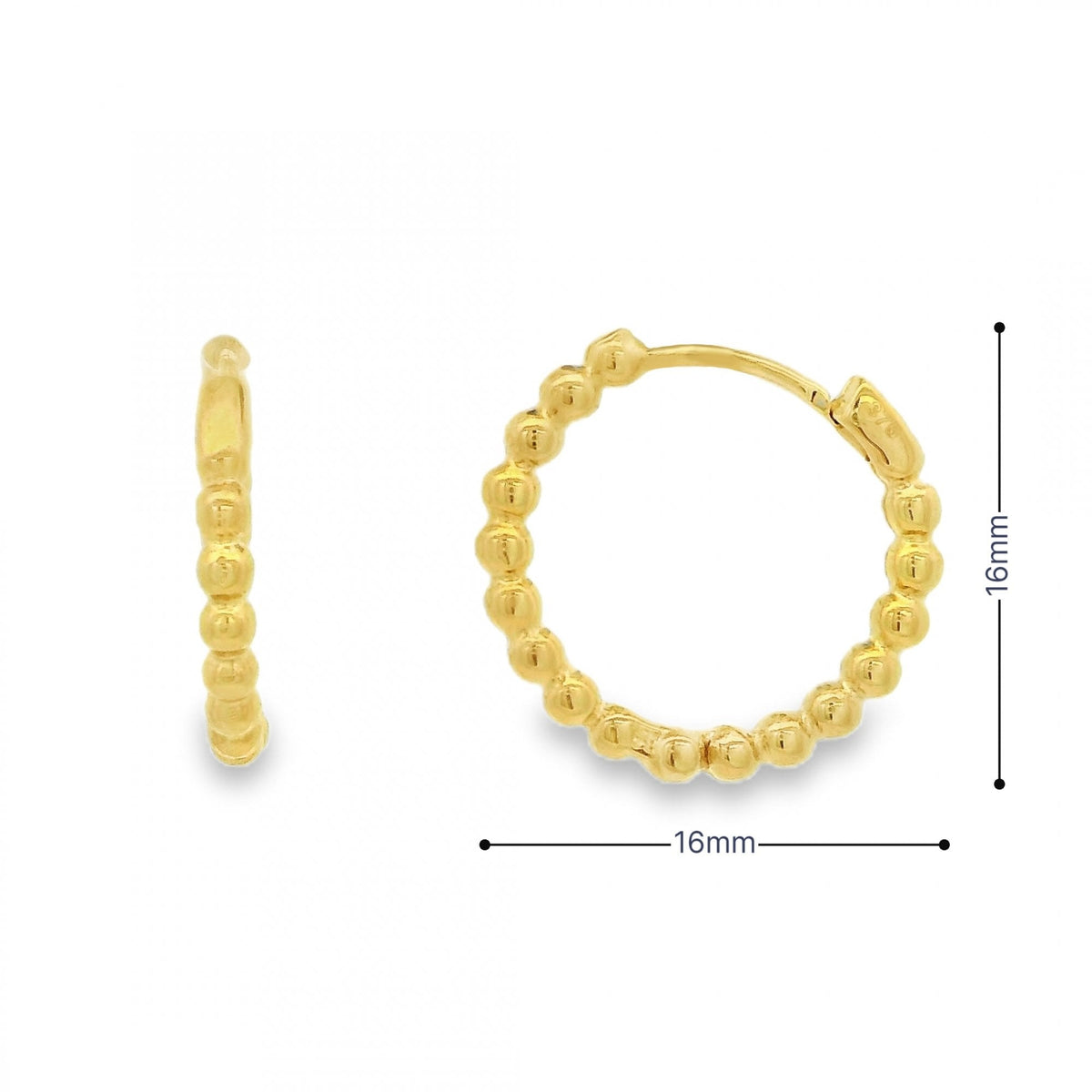 9ct Yellow Gold Bead Hoop Earrings - 16x16mm - 2.3g