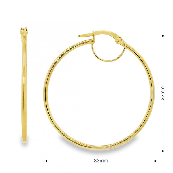 9ct Yellow Gold Plain Hoop Earrings - 33x33mm - 1.2g