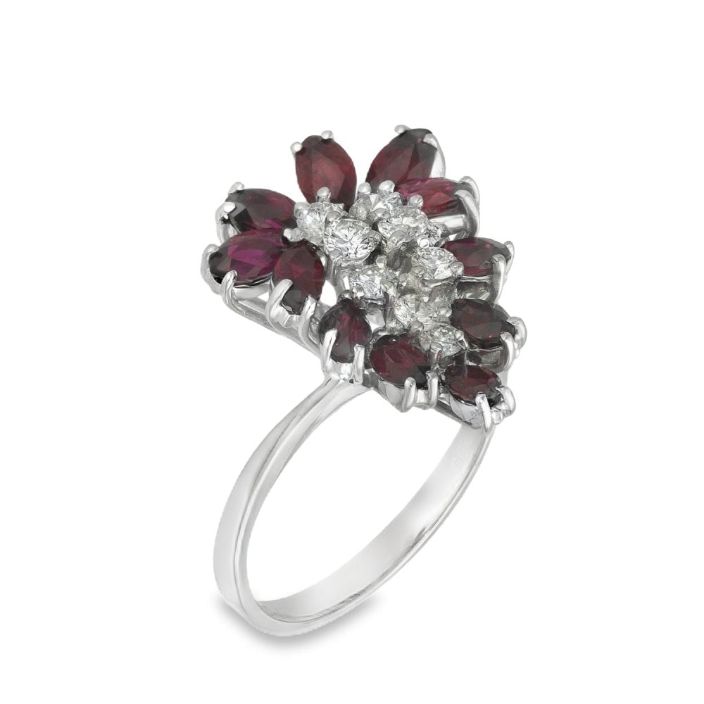 18ct White Gold Ruby & Diamond Scatter Cluster Ring - Size N