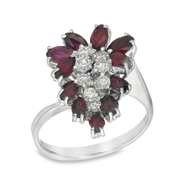 18ct White Gold Ruby & Diamond Scatter Cluster Ring - Size N