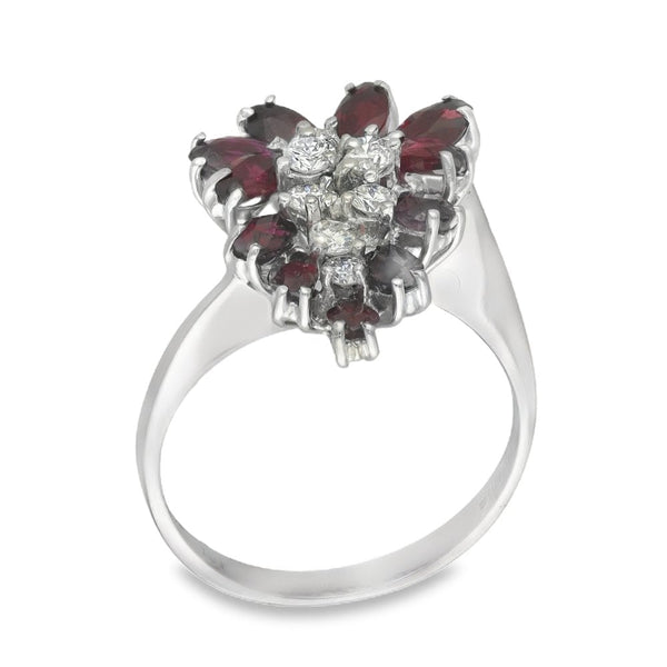 18ct White Gold Ruby & Diamond Scatter Cluster Ring - Size N