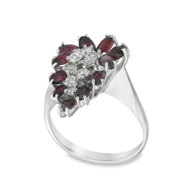 18ct White Gold Ruby & Diamond Scatter Cluster Ring - Size N