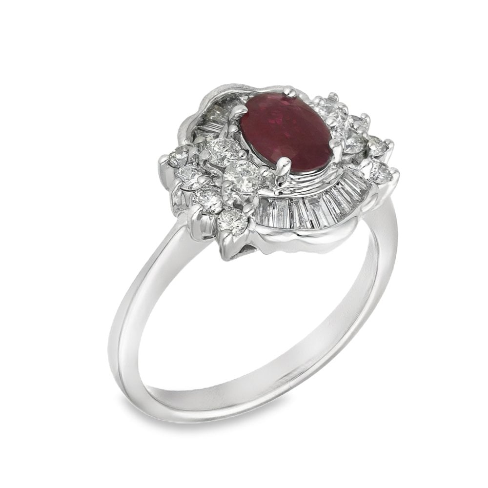18ct White Gold Ruby & Diamond Cluster Ring - Size N - 0.86ct