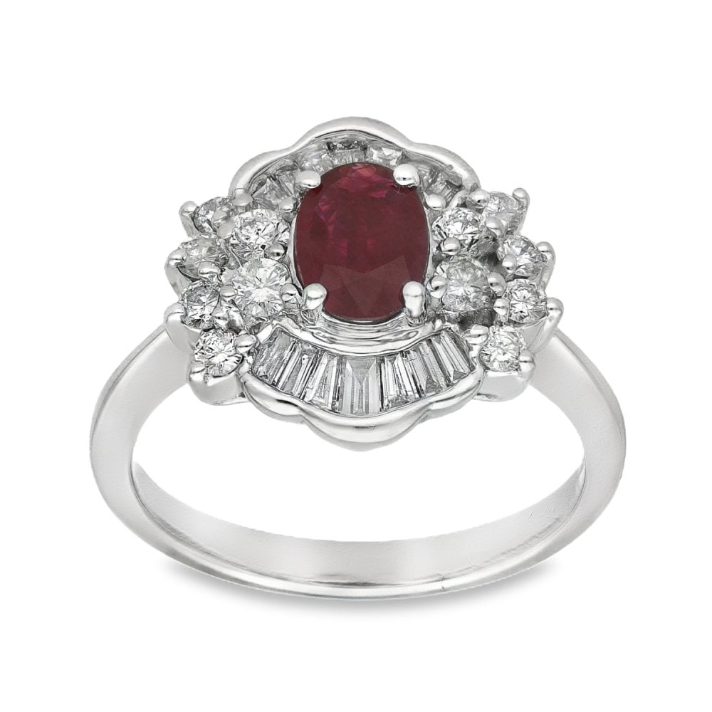 18ct White Gold Ruby & Diamond Cluster Ring - Size N - 0.86ct