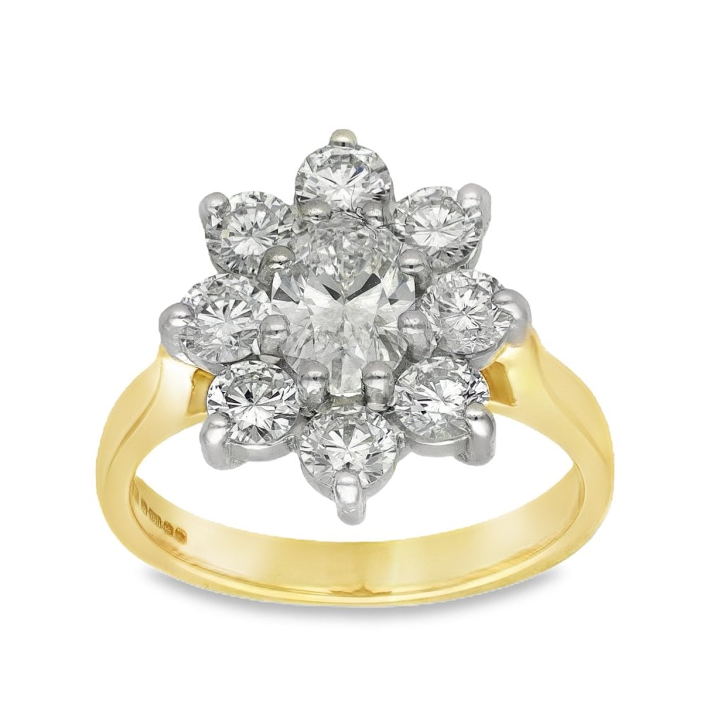 18ct Yellow Gold Diamond Cluster Ring - Size L - 2.00ct