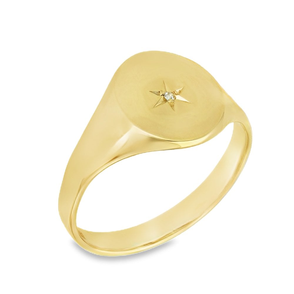 9ct Yellow Gold Diamond Signet Ring - Size T½ - 13mm