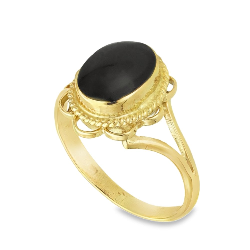 9ct Yellow Gold Onyx Dress Ring - Size J - 13mm