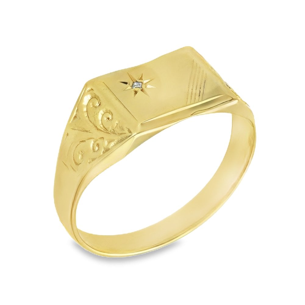 9ct Yellow Gold Rectangle Diamond Signet Ring - Size X - 3.8g