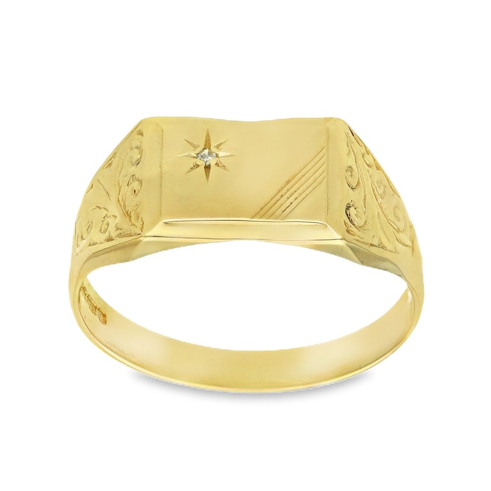 9ct Yellow Gold Rectangle Diamond Signet Ring - Size X - 3.8g