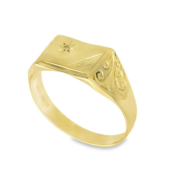 9ct Yellow Gold Rectangle Diamond Signet Ring - Size X - 3.8g