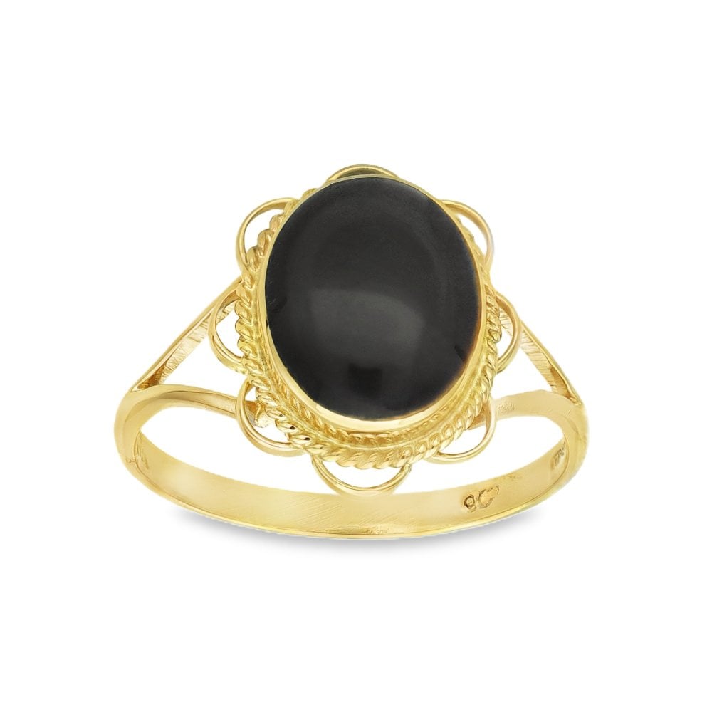 9ct Yellow Gold Onyx Dress Ring - Size P - 15mm