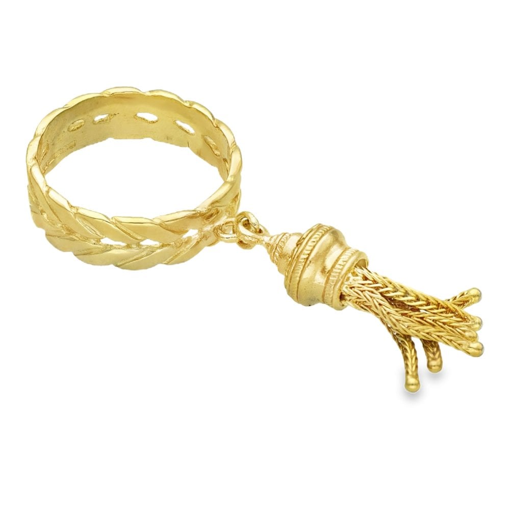 9ct Yellow Gold Weave & Tassel Ring - Size P - 6mm